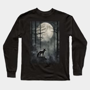 Mysterious Fox in the Foggy Forest Vintage Art Long Sleeve T-Shirt